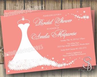Wedding dress invitation bridal shower in coral