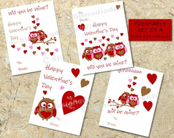 Tarjeta de San Valentín de búho para niños imprimible, set de San Valentín DIY