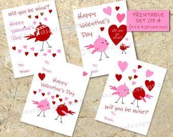 Printable Bird Valentine Cards, Set of 4 (Digital Download)