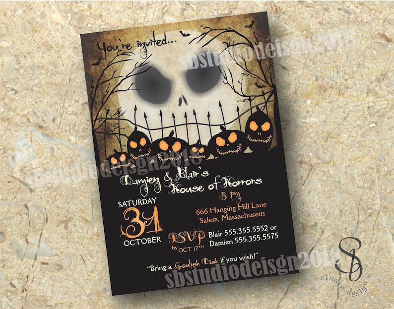 May include: A black and orange Halloween party invitation with a Jack Skellington silhouette and pumpkins. The invitation reads "You're invited... Danyiey & Blair's House of Horrors Saturday 31 October 8 PM 666 Hanging Hill Lane Salem, Massachusetts RSVP by OCT 17th Blair 555.355.5552 or Damien 555.355.5575 "Bring a Goulish Dish if you wish!"