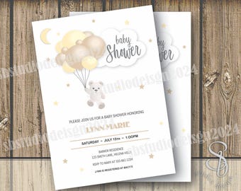 Invitación para baby shower con osito de peluche, globos dorados y amarillos (PDF)
