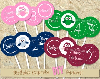 Owl birthday cupcake toppers DIY printable