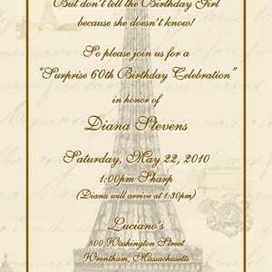 K&ouml;nnte beinhalten: Eine braune und goldene Einladung mit einer Grafik des Eiffelturms. Die Einladung ist f&uuml;r eine &Uuml;berraschungsparty zum 60. Geburtstag f&uuml;r Diana Stevens. Die Party findet am Samstag, den 22. Mai 2010 um 13:00 Uhr bei Luciano's, 800 Washington Street, Wrentham, Massachusetts statt. Bitte melde dich bis zum 10. Mai unter 401-555-8468 an.