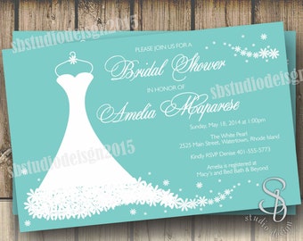 Wedding dress bridal shower invitation in robin egg blue