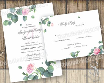 Invitación de boda de eucalipto con flores rosas (PDF)