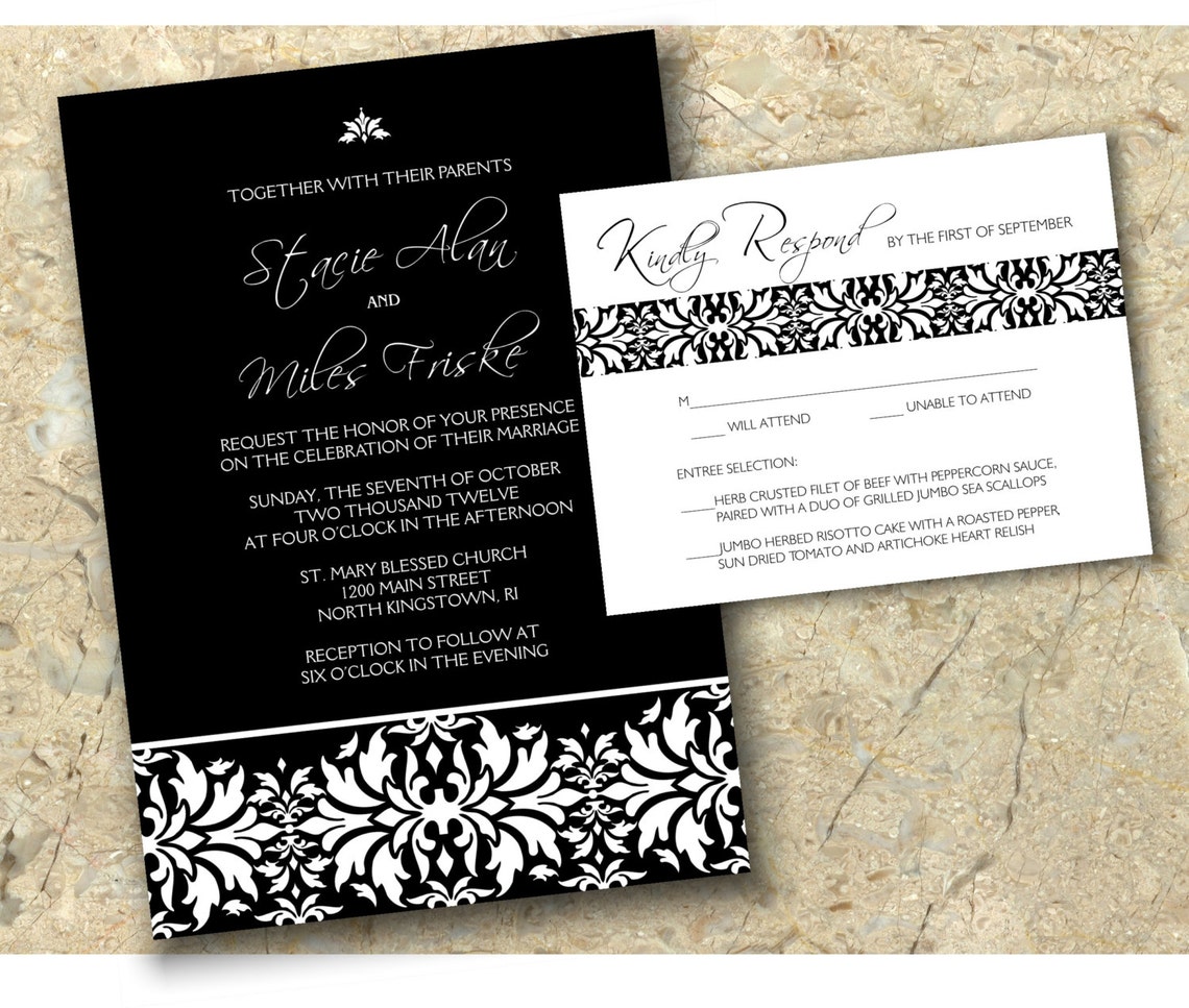 Black and White Damask DIY Wedding Invitation and RSVP Set Etsy