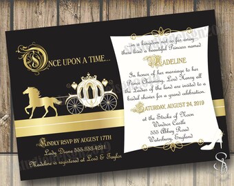 Princess bridal shower invitation in black and gold
