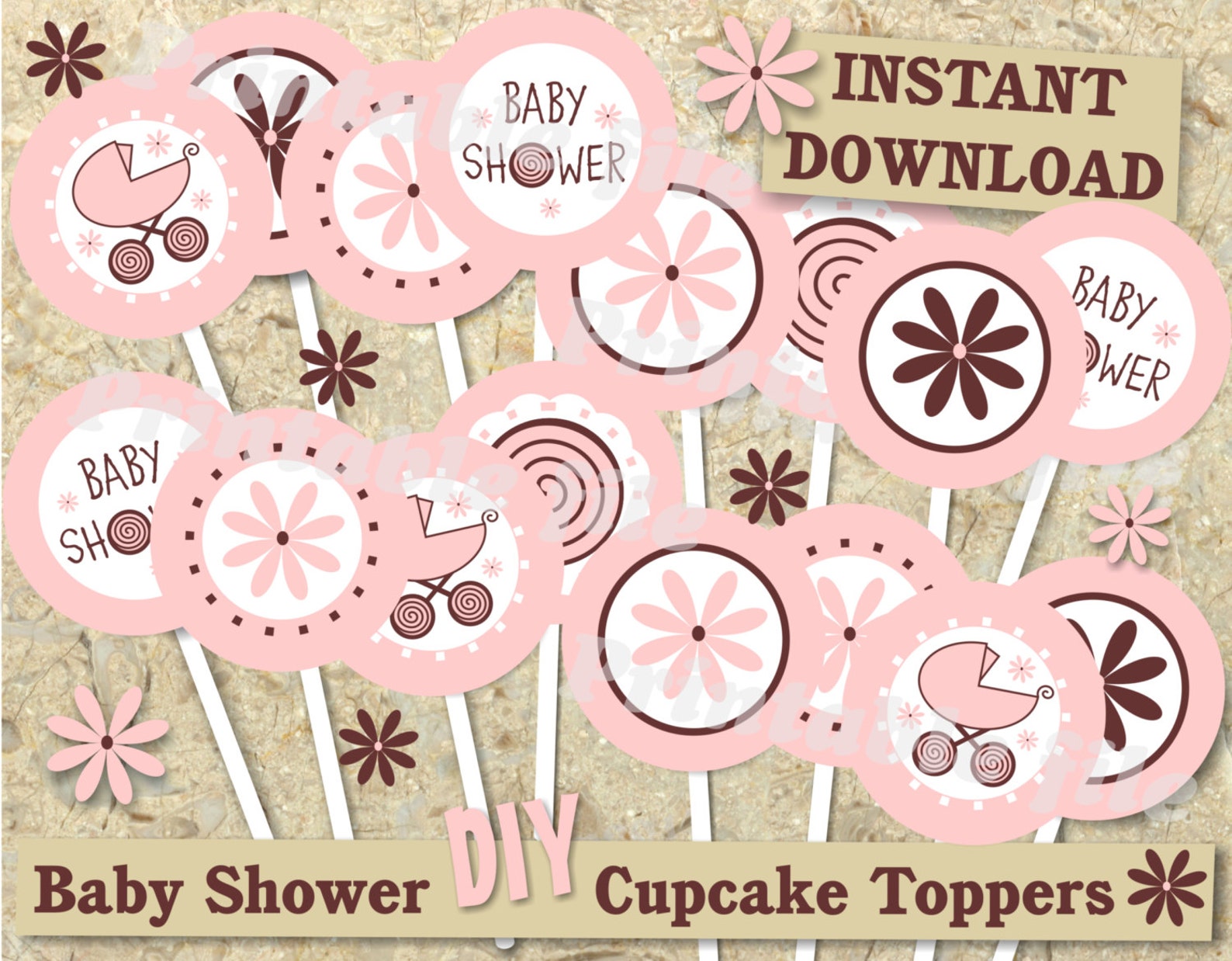 Pink Baby Shower Cupcake Topper Printable Template DIY Instant Download