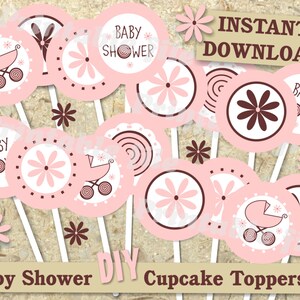 Pink Baby Shower cupcake topper printable template DIY instant download