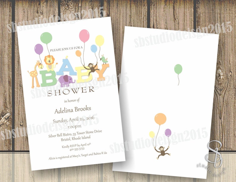 Puede incluir: Una invitaci&oacute;n a un baby shower con tem&aacute;tica de animales de la selva. La invitaci&oacute;n presenta una pancarta colorida 'BABY' con animales y globos. El texto dice "Por favor, &uacute;nase a nosotros para un baby shower en honor a Adelina Brooks, domingo 24 de abril de 2016, 1:00 pm, Silver Bell Bistro, 55 Tower Stone Drive, Bristol, Rhode Island. Por favor, confirme su asistencia antes del 10 de abril, 401-555-5733. Alicia est&aacute; registrada en Macy's, Target y Babies R Us."