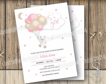 Invitación para baby shower con osito de peluche y globos rosas (PDF)