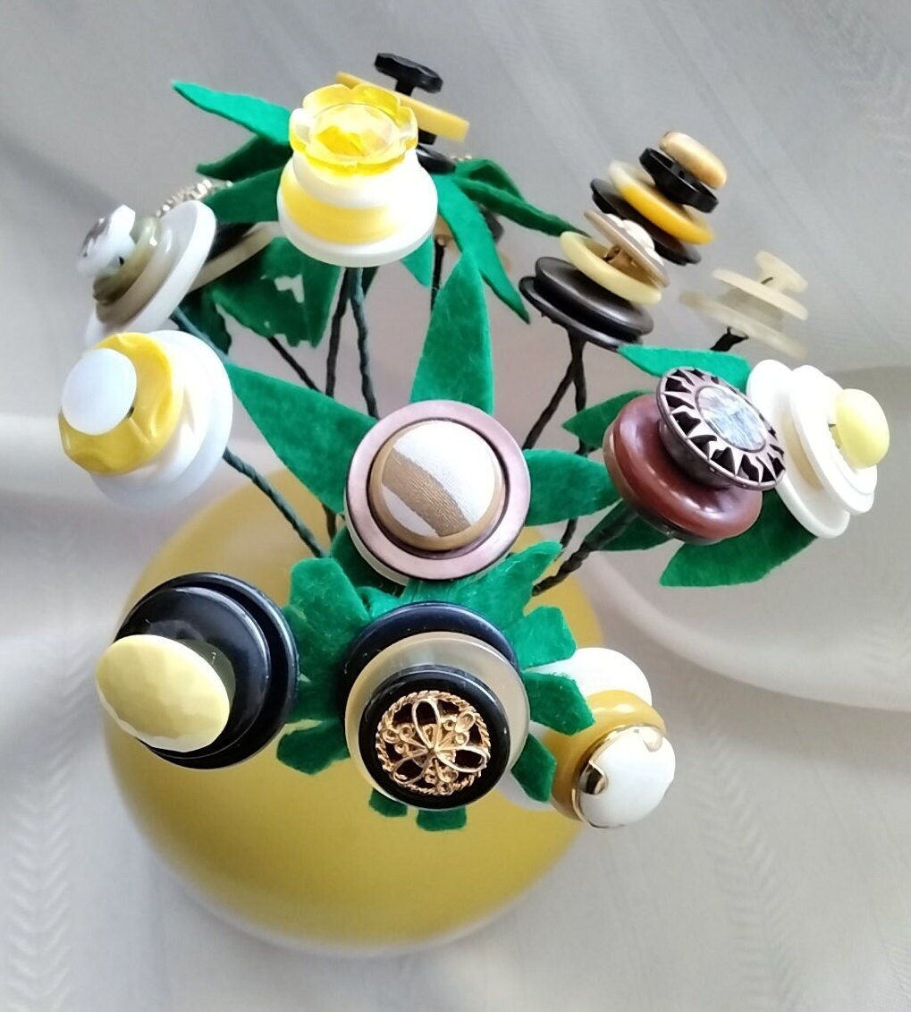 Springtime Button Flower Bouquet in Yellow Vase With 15 flowers Made by ...