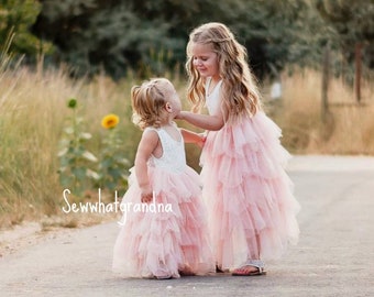 Blush Long Tulle with White Lace Girl Dresses, Flower Girl Ruffle Tutu Gown, Scallop Lace Gown, Maxi Girl Dress, Pink flower girl