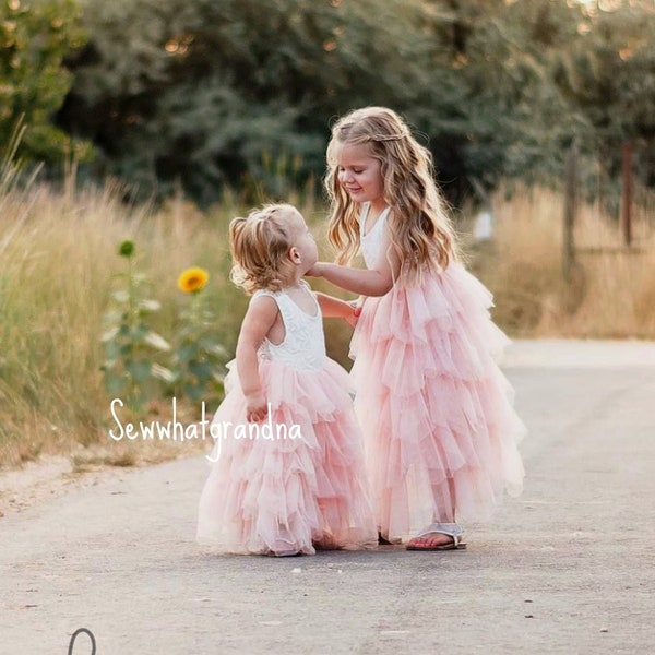 Blush Long Tulle with White Lace Girl Dresses, Flower Girl Ruffle Tutu Gown, Scallop Lace Gown, Maxi Girl Dress, Pink flower girl