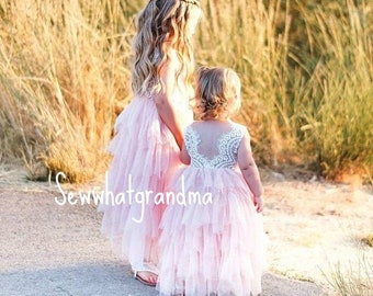 Blush Long Tulle with White Lace, Flower Girl Ruffle Tutu Gown, Scallop Lace, Maxi Ballet, Pink Tulle Dress, Blush Flower Girl