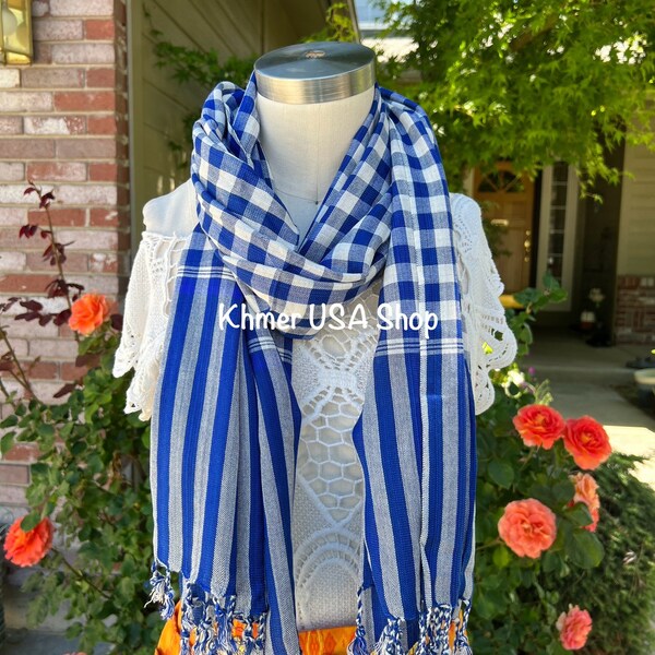 Blue Khmer Krama, Kroma Scarf, Cambodian scarf, Cambodian Kromar, Khmer Handmade Fabric, Cambodian Scarves