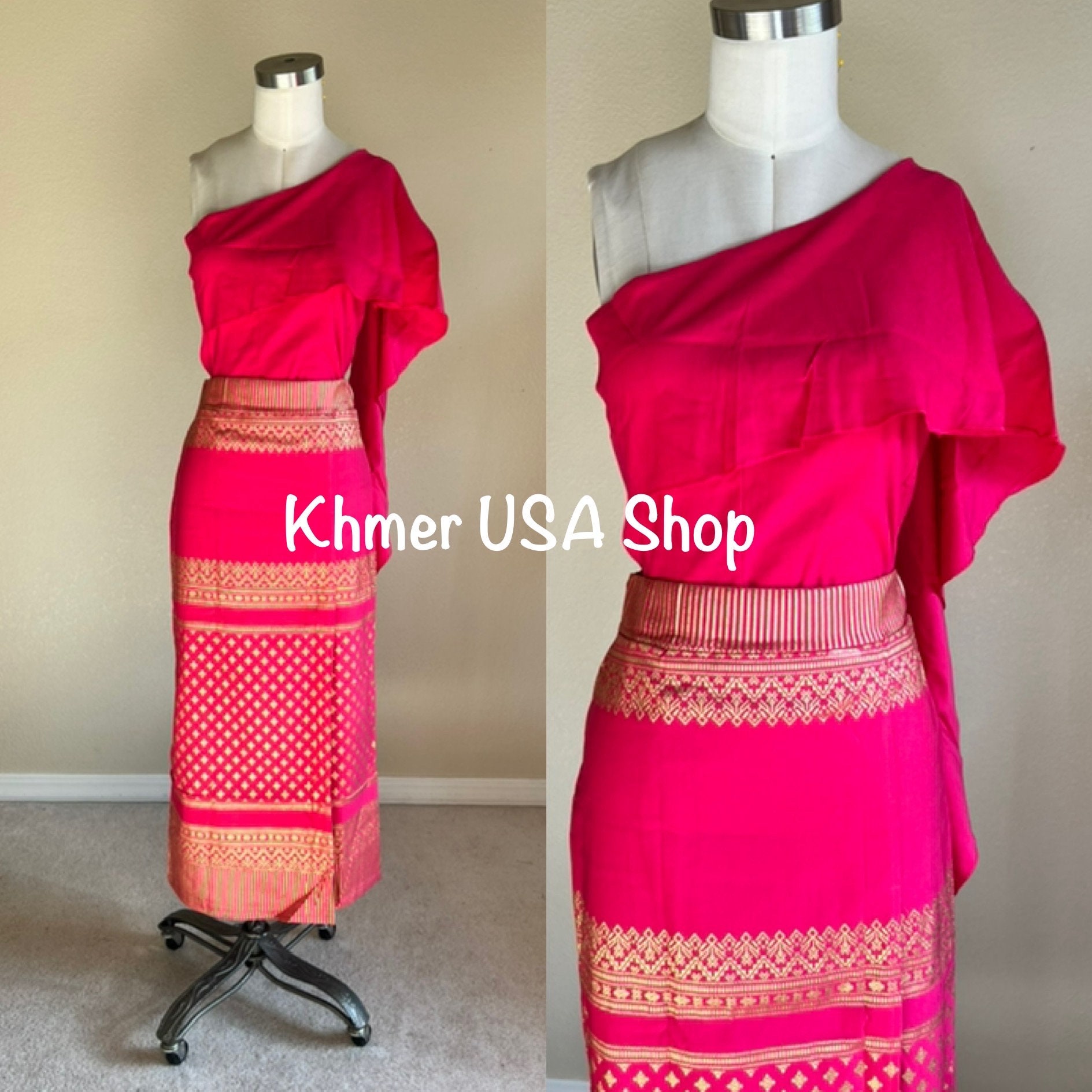 L-XL (8-10) Bright Pink Stretchy Outfit, Cambodian, Thai