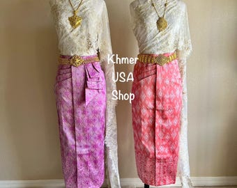 Khmer S, alter to M-L, Blush Peach Khmer Apsara Traditional Skirt, Sabai Cambodian Thai Lao, Asian Fashions, Khmer Attires, Khmer USA Shop