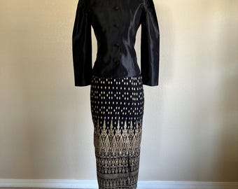 Size S, Asian Blouse, 3/4 sleeves, Traditional Cambodian Thai Lao Black Shirt, OR with Stretchy Skirt, Asian Fashions, Khmer USA Shop