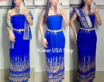 XL-2XL (12-14), 7 Colors, 3 Pieces Set Outfit, Chorabab, Jeep Nah Nang Skirt, Top, Sabai, Cambodian Lao Thai Wedding Bridal, Khmer USA Shop
