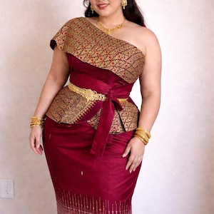 XL (12) Burgundy Gold Khmer Outfit, Cambodian Outfits, Traditional Costume, Wedding Party, Graduation, Thai Lao Khmer, Asian Cultural