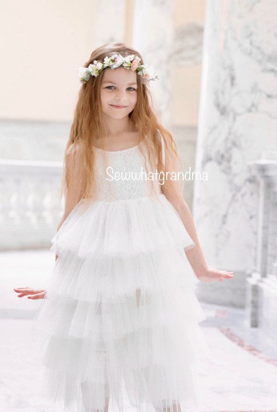 chinese dress ladies Princess Scoop Neck Tulle Flower Girl Dress COCOMELODY 612626068133, 7 Days / Ivory / 130cm