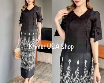 Asian XL-2XL, Black Skirt & Blouse, Thai, Khmer, Cambodian, Lao Traditional Outfit, Cultural Fashions, Asian Funeral Dress, Khmer USA Shop