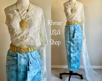 Khmer S, can alter to M-L, Blue Apsara Traditional Skirt, Sabai, Cambodian Thai Lao Skirt, Asian Fashions, Khmer Attires, Khmer USA Shop