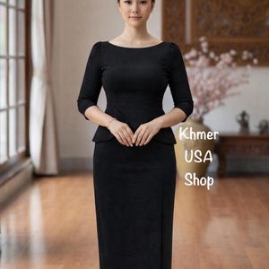 plus size black.formal.dress Final Sale Plus Size Shiny Faux Wrap Gown with Slit in Black main image 1