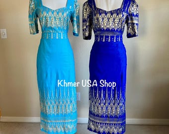 M-XL (6-10) Stretchy Fold Skirt & Top, Khmer Thai Outfit, Traditional Costume, Cambodian Lao, Hmong, Asian Fashions, Khmer USA Shop