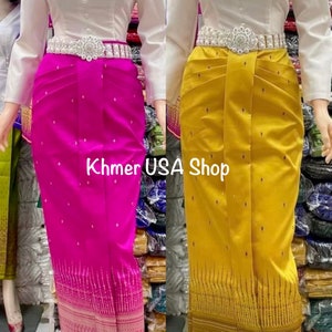 Back Order: Khmer S with extra seam for buyer to alter to L, Khmer Traditional Skirt, Apsara Skirt, Chorabab, Pleated Skirt, Khmer USA Shop