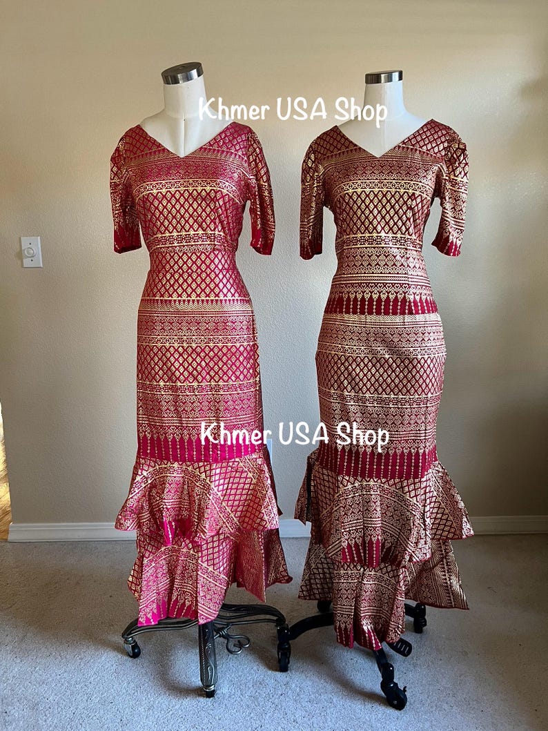 Size L Pink or Red Stretchy Mermaid Skirt & Top, Khmer Thai Outfit ...