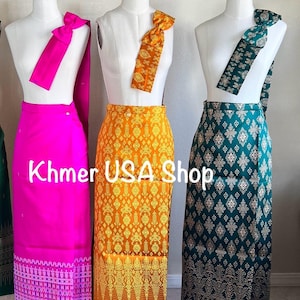 Khmer Skirt 2XL, waist 34&quot;-36&quot; Gold Outfit, Gold Traditional Skirt, Sompot Bot, Cambodian Temple Skirt, Khmer New Year, Khmer Outfit