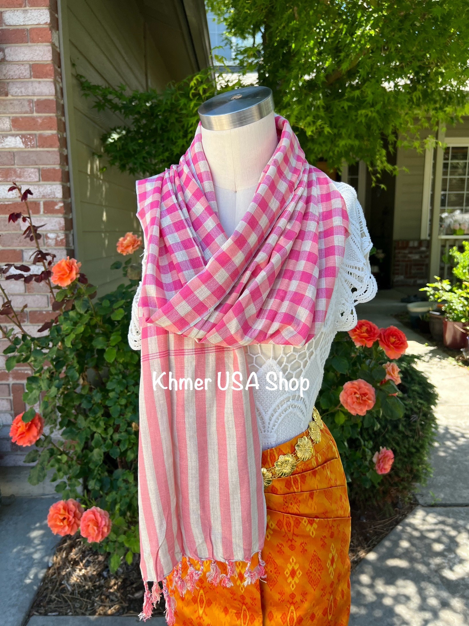 Pink, Khmer Krama, Kroma Scarf, Cambodian Scarf, Cambodian Kromar