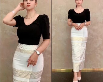 L-3XL, Black White, All Black, Stretchy Outfits, Cambodian Style, Thai Modern, Lao, Hmong, Fold Skirt, Khmer USA Shop