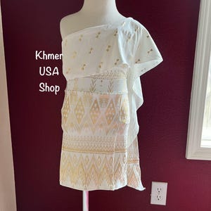 5T-6T White Gold Mini Skirt, Sabai Top, Thai Khmer Cambodian Traditional Cultural Costume, Songkran, Khmer Outfit, Khmer USA Shop