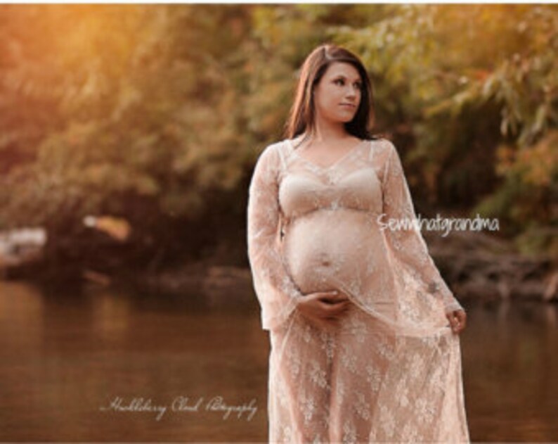 V Neck Bell Sleeves Cream Maternity SHEER Beige Maternity Milk Bath Dress Boho Chic Bridal Bohemian Bridal Beach Floor Length