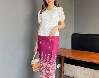 Asian 2XL, Pink Skirt & Lace Top, Khmer, Cambodian, Thai, Lao Traditional Outfit, Cultural Fashions, Asian Cultural, Khmer USA Shop