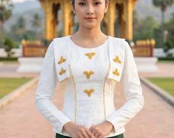 Khmer Size S, White Traditional Blouse, Cambodian Thai Lao Cultural Fashions, Temple Dress, Khmer USA Shop