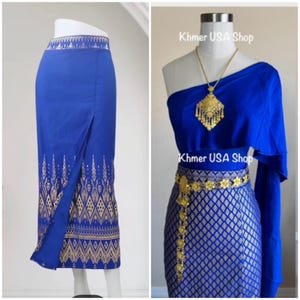 2XL (16-18) Royal Blue Skinny Stretchy Outfit, Cambodian Style, Thai Traditional, Khmer Style, Lao, Hmong, Graduation, Khmer USA Shop