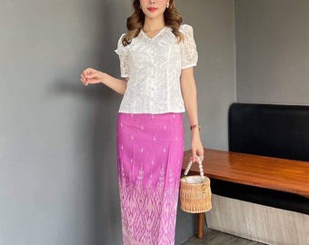 Asian XL-2XL bust 38”-40”, Pink Thai Khmer, Lao Traditional Outfit, Skirt, Blouse, Cambodian Style Outfits, Lao, Hmong. Khmer USA Shop