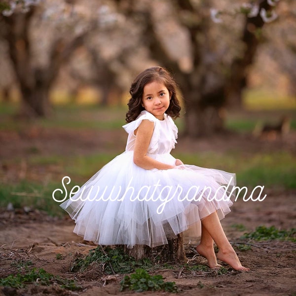 3T, White Tutu Flower Girl Dress, Baptism Girl Dress, Ballet Tulle Dress, Flower Girl Tulle Gown, Modern Tulle Dress, Sheer Illusion Dress