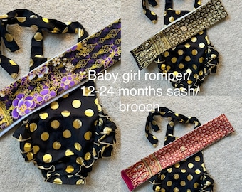 12-18 months, Girl romper, Sabai,, Khmer girl outfit, black gold polka dots romper, Khmer Sash, Cambodian Girl outfit