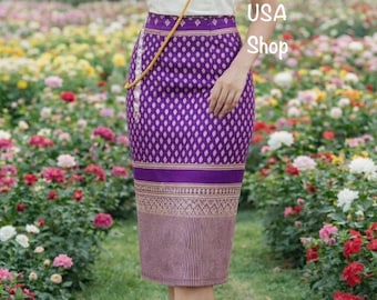 M-XL Mini Fold Skirt, Stretchable Knee Length Skirt, Cambodian Khmer Thai Lao Cultural Attires, Khmer USA Shop