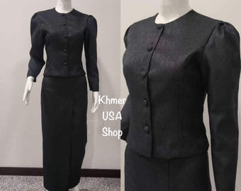 Bust 44&quot;, waist 38&quot; Thai Khmer Lao Hmong Funeral Attire, Asian Traditional Outfit, Black Skirt & Blouse, Khmer Funeral Outfit