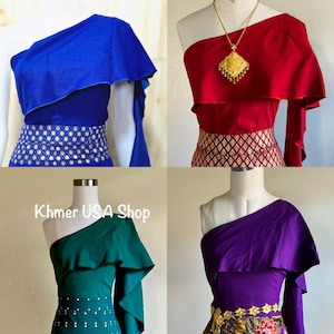 2XL (16-18), 6 Colors, Stretchy Sabai Top, Khmer, Thai, Lao, Cambodian Style, Traditional One Shoulder, Graduation, Khmer USA Shop