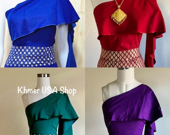 2XL (16-18), 6 Colors, Stretchy Sabai Top, Khmer, Thai, Lao, Cambodian Style, Traditional One Shoulder, Graduation, Khmer USA Shop