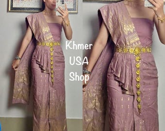 XS-XL, Blush Pink Rose Gold, 3 Pieces Stretchy Outfit, Chorabab, Jeep Nah Nang, Top, Sabai, Cambodian Lao Thai, Khmer USA Shop