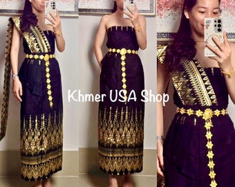 XS-M (2-6), 7 Colors, 3 Pieces Stretchy Outfit, Chorabab, Jeep Nah Nang Skirt, Top, Sabai, Cambodian Lao Thai Wedding Bridal, Khmer USA Shop