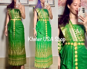 3XL(18-20), 6 Colors, 3 Pieces Stretchy Outfit, Chorabab, Jeep Nah Nang Skirt, Top, Sabai, Cambodian Lao Thai Wedding Bridal, Khmer USA Shop